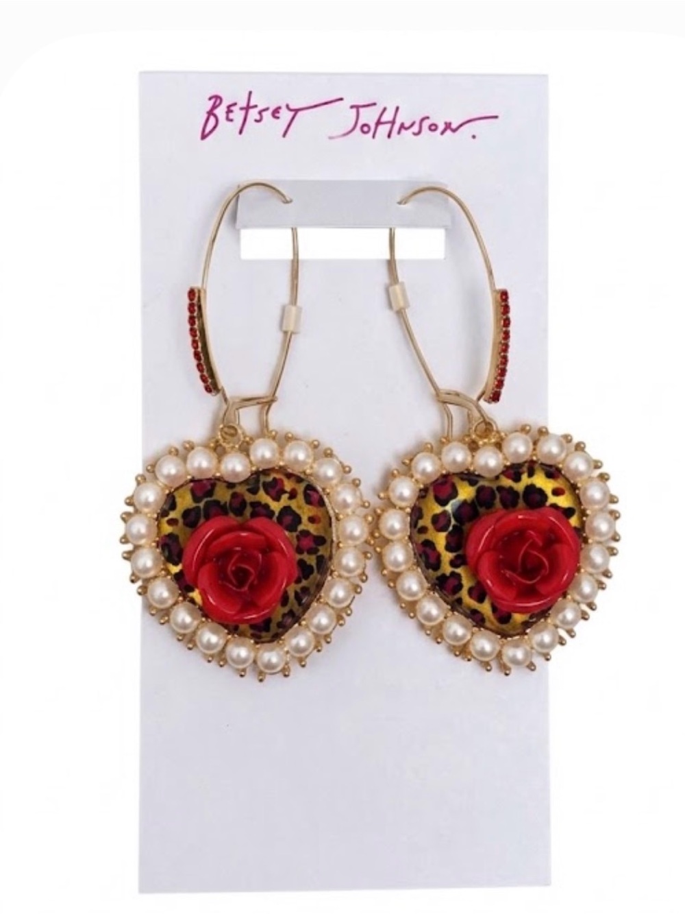 NWT ⚜️♥️⚜️ Betsey Johnson Leopard Print Heart Drop Earrings